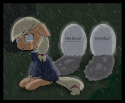 Size: 1082x888 | Tagged: safe, artist:nikytale, imported from derpibooru, applejack, earth pony, pony, clothes, crying, female, gravestone, mare, outdoors, rain, solo, wide eyes