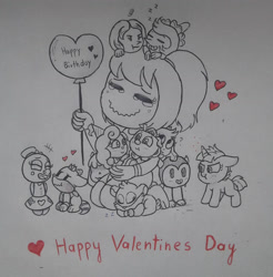 Size: 1484x1508 | Tagged: safe, artist:nikytale, imported from derpibooru, human, pony, unicorn, balloon, crossover, female, happy birthday, happy valentines day, heart, heart balloon, mare, scrunchy face, smiling, traditional art