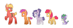 Size: 1523x588 | Tagged: safe, artist:nikytale, imported from derpibooru, apple bloom, big macintosh, scootaloo, spike, sweetie belle, dragon, earth pony, pegasus, pony, unicorn, :p, cutie mark crusaders, female, male, mare, raised hoof, redesign, simple background, stallion, tongue out, white background