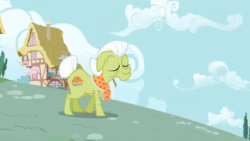 Size: 520x293 | Tagged: safe, imported from derpibooru, screencap, granny smith, scootaloo, sleepless in ponyville, animated, jumping, one eye closed, scooter, wink