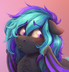 Size: 1301x1363 | Tagged: safe, artist:eggoatt, imported from twibooru, oc, oc only, unnamed oc, bat pony, pony, blushing, bust, floppy ears, gradient background, image, looking to side, nervous, png, portrait