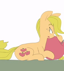 Size: 1125x1250 | Tagged: safe, artist:baigak, imported from derpibooru, applejack, earth pony, pony, apple, female, food, hatless, looking back, lying down, mare, missing accessory, prone, simple background, solo, white background