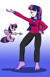 Size: 1805x2793 | Tagged: safe, alternate version, artist:twi clown, imported from derpibooru, oc, oc:twi clown, human, pony, unicorn, equestria girls, barefoot, bowtie, breasts, clothes, clown, clown nose, coat, drill, feet, humanized, potion, red nose, suit