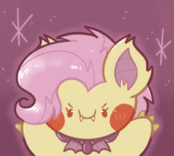 Size: 712x639 | Tagged: safe, artist:typhwosion, imported from derpibooru, fluttershy, bat pony, pony, >:), bat ponified, blush sticker, blushing, chibi, claws, colored pinnae, cute, cute little fangs, fangs, female, flutterbat, looking at you, mare, no pupils, race swap, red eyes, smiling, smiling at you, solo