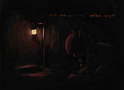 Size: 2795x2030 | Tagged: safe, artist:t72b, imported from derpibooru, inky rose, pegasus, pony, braid, dark, female, lantern, limited palette, mare, sitting, spooky, talking to viewer, the king in yellow