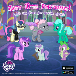 Size: 1080x1080 | Tagged: safe, imported from derpibooru, amethyst star, bon bon, sparkler, spike, sweetie drops, dragon, earth pony, pony, unicorn, 2022, advertisement, anniversary, anniversary art, female, filly, foal, gameloft, link in description, mare, mlp gameloft tenth anniversary, my little pony logo, secret agent sweetie drops, winged spike, wings