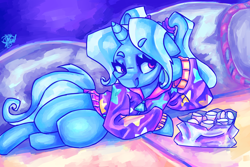 Size: 3600x2400 | Tagged: safe, artist:mannybcadavera, imported from derpibooru, trixie, pony, unicorn, alternate hairstyle, babysitter trixie, clothes, eyebrows, eyebrows visible through hair, female, food, high res, hoodie, hoof on chin, lying down, mare, marshmallow, on side, smiling, solo