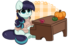 Size: 6821x4065 | Tagged: safe, artist:kittyrosie, imported from derpibooru, coloratura, earth pony, pony, clothes, cute, female, leaf, mare, musical instrument, piano, pumpkin, rarabetes, simple background, sitting, smiling, solo, starry eyes, sweater, white background, wingding eyes