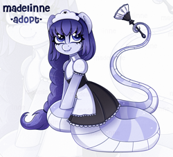 Size: 2815x2540 | Tagged: safe, artist:madelinne, imported from derpibooru, oc, oc only, lamia, original species, adoptable, adoptable open, adoption, blue eyes, blue hair, braid, clothes, cute, dress, female, long hair, maid, mare, shy, simple background, solo, zoom layer