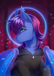 Size: 2480x3507 | Tagged: safe, artist:fenwaru, imported from derpibooru, oc, oc only, bat pony, pony, bat pony oc, clothes, halo, hoodie, nimbus, solo