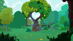 Size: 3688x2073 | Tagged: safe, artist:zacatron94, imported from derpibooru, the perfect pear, apple, apple tree, intertwined trees, no pony, pear tree, rock, tree, vector, wallpaper