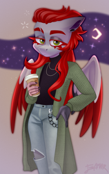 Size: 3113x4920 | Tagged: safe, artist:irinamar, imported from derpibooru, oc, oc only, oc:nimea rednight, anthro, pegasus, unguligrade anthro, :<, bijouterie, burn, burnt, cardigan, chains, clothes, coffee, coffee cup, commission, cup, denim, digital art, ear piercing, earring, eyelashes, female, fog, green eyes, half body, jeans, jewelry, long hair, looking at you, moon, moonlight, nails, night, pants, pegasus oc, piercing, ripped pants, simple background, solo, sparkles, stars, torn clothes, turtleneck, wings