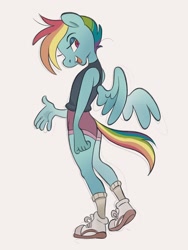 Size: 1536x2048 | Tagged: safe, artist:totalmessica, imported from derpibooru, rainbow dash, anthro, pegasus, plantigrade anthro, open mouth, open smile, shoes, simple background, smiling, sneakers, solo, white background