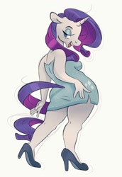 Size: 1374x2000 | Tagged: safe, artist:totalmessica, imported from derpibooru, rarity, anthro, plantigrade anthro, unicorn, breasts, clothes, dress, female, floppy ears, high heels, lidded eyes, mare, open mouth, open smile, shoes, sideboob, simple background, smiling, solo, white background