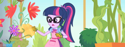 Size: 2845x1080 | Tagged: safe, composite screencap, edit, edited screencap, imported from derpibooru, screencap, sci-twi, twilight sparkle, human, equestria girls, equestria girls series, my little shop of horrors, apron, clothes, flower, geode of telekinesis, glasses, gloves, greenhouse, magical geodes, plant, ponytail, skirt, watering can