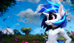 Size: 1536x896 | Tagged: safe, artist:darbarri, imported from derpibooru, dj pon-3, vinyl scratch, semi-anthro, ai assisted, ai content, belly button, chest fluff, cloud, collar, cute, day, ear fluff, female, flower, fluffy, generator:stable diffusion, mare, nature, sky, smiling, tree, wallpaper