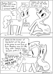 Size: 1280x1810 | Tagged: safe, artist:spectralunicorn, imported from derpibooru, pinkie pie, rainbow dash, earth pony, pegasus, pony, 2 panel comic, black and white, comic, dialogue, duo, grayscale, monochrome, morrowind, pun, simple background, speech bubble, the elder scrolls, white background