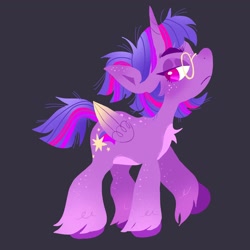 Size: 2048x2048 | Tagged: safe, artist:alexbeeza, imported from derpibooru, twilight sparkle, alicorn, alternate design, alternate hairstyle, chest fluff, colored wings, freckles, glasses, gradient wings, looking back, short mane, short tail, tail, twilight sparkle (alicorn), unamused, unshorn fetlocks, wings