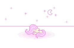 Size: 513x335 | Tagged: safe, artist:__briakitten, imported from derpibooru, fluttershy, pegasus, pony, crescent moon, eyes closed, floppy ears, lying down, moon, pixel art, simple background, smiling, solo, stars, white background