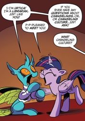 Size: 750x1059 | Tagged: safe, artist:andypriceart, idw, imported from derpibooru, twilight sparkle, urtica, alicorn, changedling, changeling, pony, spoiler:comic, spoiler:comic61, dialogue, duo, female, g4, hoofshake, mare, offscreen character, speech bubble, twilight sparkle (alicorn)