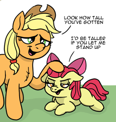 Size: 1879x1980 | Tagged: safe, artist:doodledonutart, imported from derpibooru, apple bloom, applejack, earth pony, pony, apple sisters, female, filly, foal, head pat, mare, pat, ponytober, ponytober 2022, siblings, sisters, text