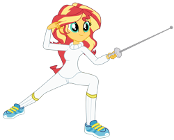 Size: 2852x2306 | Tagged: safe, artist:gmaplay, imported from derpibooru, sunset shimmer, human, a queen of clubs, equestria girls, equestria girls series, boots, clothes, female, fencing, gloves, motorcross, shoes, simple background, solo, sword, transparent background, weapon