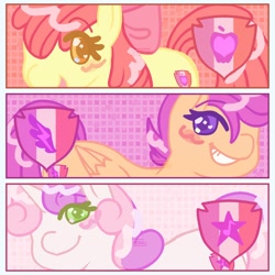 Size: 2000x2000 | Tagged: safe, artist:kitsuanna, imported from derpibooru, apple bloom, scootaloo, sweetie belle, earth pony, pegasus, pony, unicorn, blushing, cutie mark crusaders, female, filly, foal, ponytober, ponytober 2022