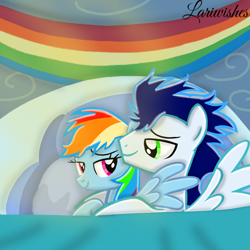 Size: 900x900 | Tagged: safe, artist:mlplary6, imported from derpibooru, rainbow dash, soarin', pegasus, pony, bed, bedroom eyes, cuddling, female, hug, looking at each other, looking at someone, lying down, male, mare, morning, morning ponies, rainbow dash's bedroom, relaxed, relaxing, romantic, shipping, smiling, smiling at each other, snuggling, soarindash, stallion, straight, tired