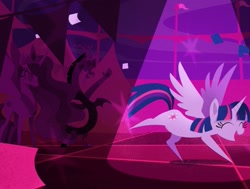 Size: 719x543 | Tagged: safe, imported from derpibooru, screencap, discord, princess celestia, twilight sparkle, alicorn, draconequus, my little pony: the movie, credits, cropped, crown, dancing, do the sparkle, duo, female, jewelry, male, party, regalia, twilight sparkle (alicorn)