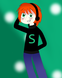 Size: 2448x3057 | Tagged: artist needed, source needed, safe, imported from derpibooru, spike, human, equestria girls, green eyes, headphones, human spike, humanized, long hair, new look, orange hair, shy, solo