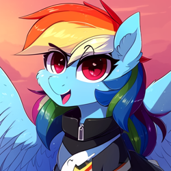 Size: 512x512 | Tagged: safe, imported from derpibooru, rainbow dash, pegasus, pony, ai content, ai generated, clothes, ear fluff, female, generator:stable diffusion, jacket, looking at you, mare, solo, wings