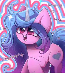 Size: 1800x2000 | Tagged: safe, artist:miryelis, imported from derpibooru, izzy moonbow, pony, unicorn, big eyes, cute, emoji, female, g5, gradient mane, happy, horn, izzybetes, long hair, mare, simple background, smiling, solo, text