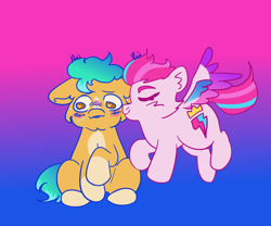 Size: 2048x1700 | Tagged: safe, artist:mintroni, imported from derpibooru, hitch trailblazer, zipp storm, earth pony, pegasus, pony, bisexual pride flag, blushing, cheek kiss, duo, duo male and female, female, g5, gradient background, hitchzipp, kissing, male, mare, nervous, pride, pride flag, shipping, shy, spread wings, stallion, straight, wings
