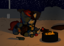 Size: 3500x2500 | Tagged: safe, artist:captainhoers, artist:stormwing, imported from derpibooru, oc, oc only, oc:chip, oc:firewire, pegasus, pony, unicorn, fallout equestria, campfire, clothes, cute, duo, enclave, enclave uniform, gun, jumpsuit, lying down, night, oc x oc, ruins, shipping, snuggling, stars, uniform, vault suit, weapon