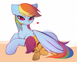 Size: 2710x2160 | Tagged: safe, artist:shavurrr, imported from derpibooru, rainbow dash, scootaloo, pegasus, pony, chest fluff, cute, eye clipping through hair, eyes closed, female, filly, floating heart, foal, heart, lying down, mare, on side, prone, scootalove, signature, simple background, smiling, spread wings, wing blanket, winghug, wings