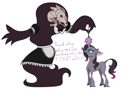 Size: 3840x2776 | Tagged: safe, artist:0xyr0, imported from derpibooru, fhtng th§ ¿nsp§kbl, classical unicorn, demon, unicorn, them's fightin' herds, clothes, cloven hooves, community related, crossdressing, dress, duo, duster, eyes closed, leonine tail, maid, oleander (tfh), purple text, simple background, standing, transparent background, unshorn fetlocks