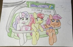 Size: 3247x2073 | Tagged: safe, artist:gmangamer25, imported from derpibooru, apple bloom, scootaloo, sweetie belle, bird, earth pony, pegasus, pony, unicorn, vocational death cruise, bow, cloud, computer, crying, cutie mark crusaders, fanart, female, filly, foal, hair bow, heart, helmet, horn, laptop computer, lift, pencil drawing, scared, scootaloo is not amused, sitting, the cmc's cutie marks, traditional art, unamused, wings, wristband