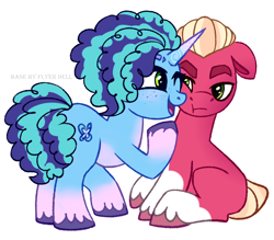 Size: 3568x3120 | Tagged: safe, artist:flyerdell, imported from derpibooru, sprout cloverleaf, earth pony, pony, unicorn, cute, female, floppy ears, freckles, g4, g5, g5 to g4, generation leap, looking at each other, looking at someone, male, mare, misty brightdawn, mistybetes, mistyclover, my little pony: make your mark, shipping, simple background, stallion, straight, white background