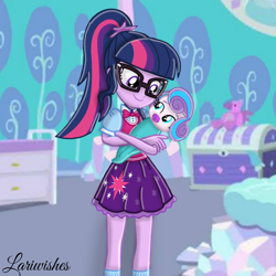 Size: 1000x1000 | Tagged: safe, artist:mlplary6, imported from derpibooru, princess flurry heart, sci-twi, twilight sparkle, human, equestria girls, aunt, aunt and niece, auntie twilight, baby, carrying, clothes, cute, duo, duo female, equestria girls outfit, equestria girls-ified, female, flurrybetes, glasses, looking at each other, looking at someone, pacifier, sci-twi outfits, smiling, twiabetes