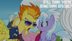 Size: 1920x1080 | Tagged: safe, edit, edited screencap, editor:quoterific, imported from derpibooru, screencap, bulk biceps, cloudchaser, meadow flower, spitfire, thunderlane, pegasus, pony, wonderbolts academy, female, gritted teeth, male, mare, open mouth, spread wings, stallion, sunglasses, teeth, wings, yelling