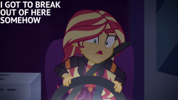 Size: 1280x720 | Tagged: safe, edit, edited screencap, editor:quoterific, imported from derpibooru, screencap, sunset shimmer, human, equestria girls, equestria girls series, sunset's backstage pass!, spoiler:eqg series (season 2), desperate, desperation, driving, female, open mouth, rv, solo