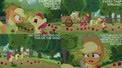 Size: 4400x2475 | Tagged: safe, edit, edited screencap, editor:quoterific, imported from derpibooru, screencap, apple bloom, applejack, big macintosh, goldie delicious, granny smith, cat, earth pony, pony, going to seed, apple, apple bloom's bow, apple siblings, apple sisters, apple tree, applejack is best facemaker, applejack's hat, bag, barrel, bow, brother and sister, cart, cowboy hat, elderly, eyes closed, female, filly, foal, food, hair bow, hat, hooves in air, hooves up, implied great seedling, male, mare, open mouth, raised hoof, saddle bag, siblings, sisters, stallion, tree