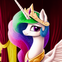 Size: 1024x1024 | Tagged: safe, editor:dovakkins, imported from derpibooru, princess celestia, alicorn, pony, ai content, ai generated, alternate hairstyle, beautiful, bust, cute, cutelestia, female, generator:purplesmart.ai, generator:stable diffusion, jewelry, portrait, regalia, smiling, solo