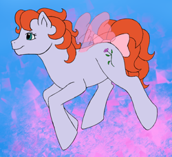 Size: 908x831 | Tagged: safe, artist:catlover1672, imported from derpibooru, morning glory, flutter pony, pony, abstract background, bow, female, flower, flying, g1, mare, rose, smiling, spread wings, tail, tail bow, wings