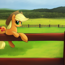 Size: 512x512 | Tagged: safe, artist:ken-dostudios, imported from derpibooru, applejack, earth pony, pony, ai content, ai generated, female, fence, generator:stable diffusion, grass, solo