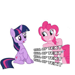 Size: 1000x1000 | Tagged: safe, artist:ken-dostudios, imported from derpibooru, pinkie pie, twilight sparkle, earth pony, pony, unicorn, bipedal, bipedal leaning, duo, fourth wall, grin, leaning, pun, simple background, smiling, text, transparent background, unicorn twilight, wall of text