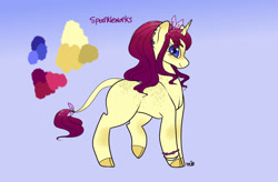 Size: 1105x723 | Tagged: safe, artist:apieceofmii, artist:ladypastal, imported from derpibooru, oc, oc only, oc:sparkleworks, classical unicorn, unicorn, base used, bow, bracelet, cloven hooves, ear piercing, earring, female, freckles, gradient mane, hair bow, horn, jewelry, leonine tail, mare, missing cutie mark, piercing, purple background, reference sheet, signature, simple background, solo, sparkles, unicorn oc