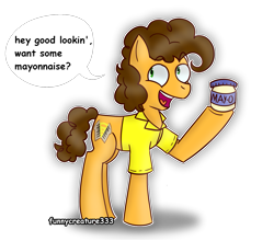 Size: 1359x1198 | Tagged: safe, artist:funnycreature333ng, imported from derpibooru, cheese sandwich, earth pony, pony, dialogue, flirting, food, male, mayonnaise, sauce, simple background, solo, transparent background