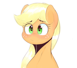 Size: 4000x3500 | Tagged: safe, artist:nozukz, imported from derpibooru, applejack, earth pony, pony, blushing, cute, female, freckles, hatless, mare, missing accessory, simple background, smiling, solo, white background