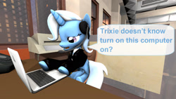 Size: 1920x1080 | Tagged: safe, artist:ask-the-luna-knight, imported from derpibooru, trixie, pony, unicorn, 3d, computer, female, headset, laptop computer, mare, solo, source filmmaker, text